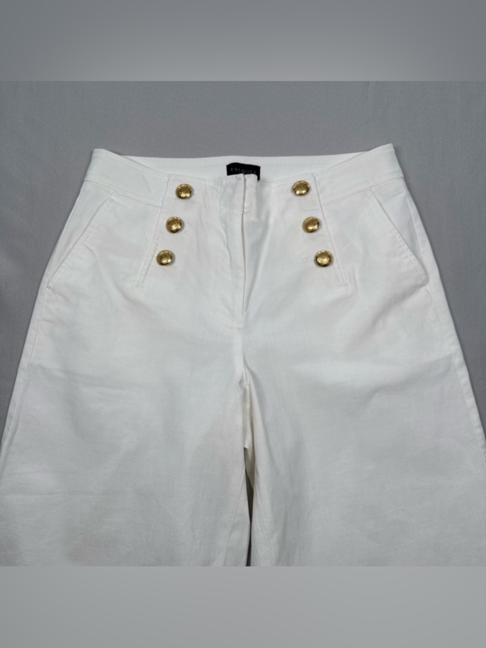 Talbots Sailor Gold Buttons Wide Leg Pants Women 6 Ivory Nautical Cotton Blend - Picture 3 of 7